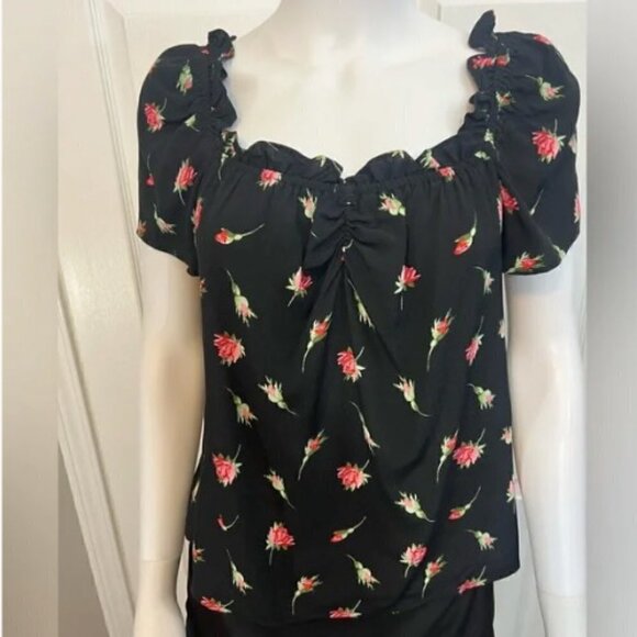 OASIS NWT Rose/Black Print short sleeve elastic ruffled neck viscose breathes 12 - Picture 2 of 16